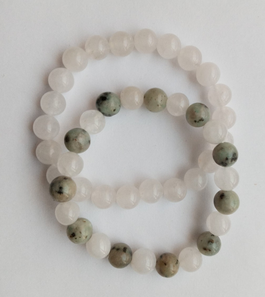 NEW, BUY ANY 2 GET 3RD FREE, TWO BRACELET SET SNOW QUARTZ & SESAME JASPER/QUARTZ