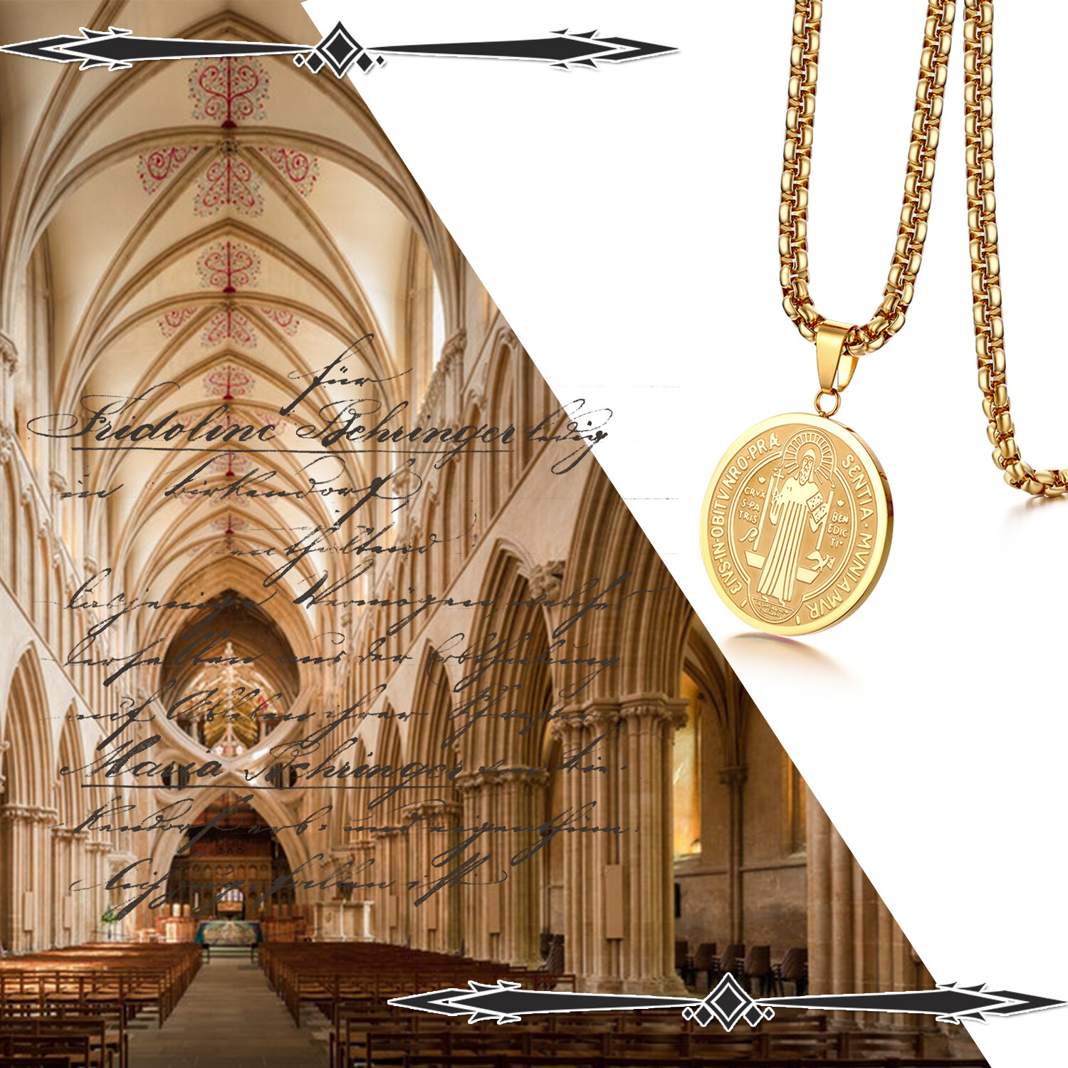 Men’s Stainless Steel Saint St. Benedict Oval Medal Pendant Necklace Chain 22”