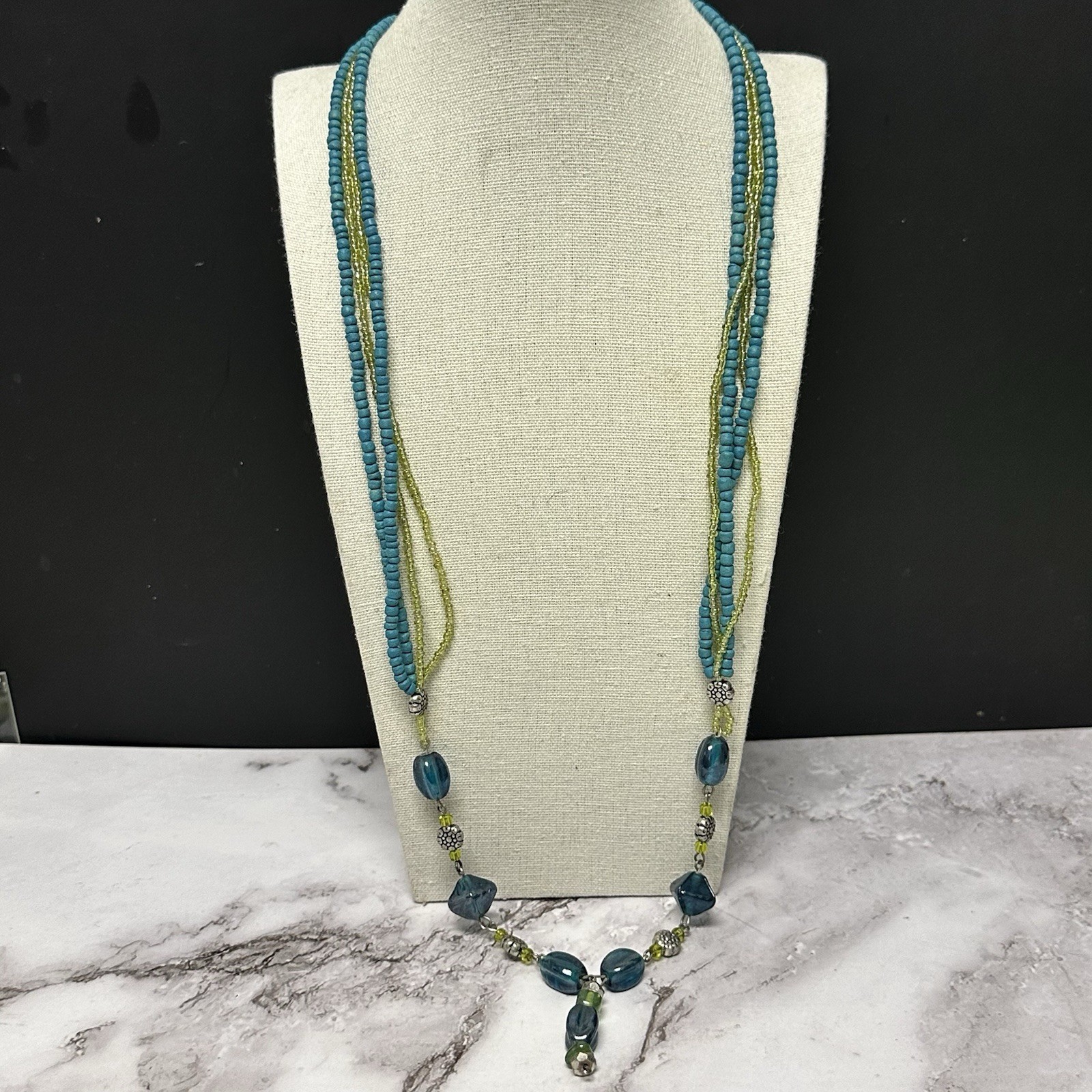 Coldwater Creek Beaded Necklace Silver Tone Green Blue Glass Beads Long Length