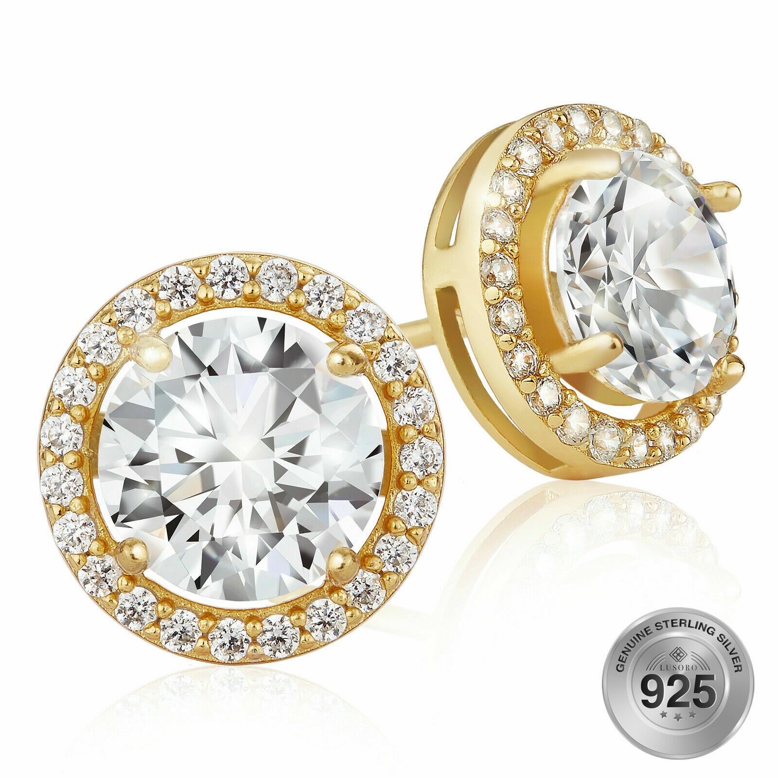 2 PAIR SET 925 Sterling Silver Round Cut AAA Cubic Zirconia Halo Stud Earrings