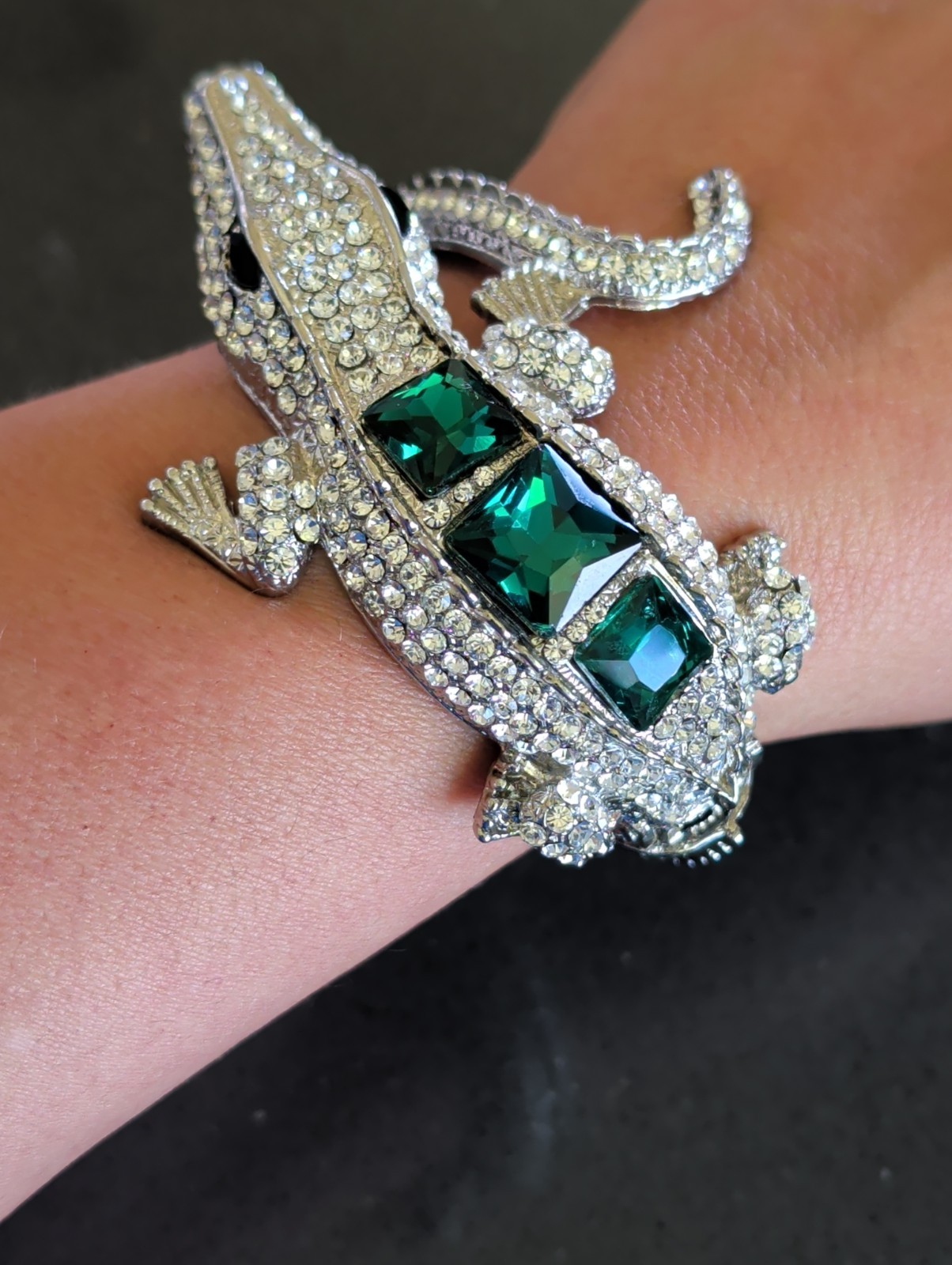 Bracelet Alligator Crocodile Green Rhinestone Pave Setting Hinged Cuff READ Q135