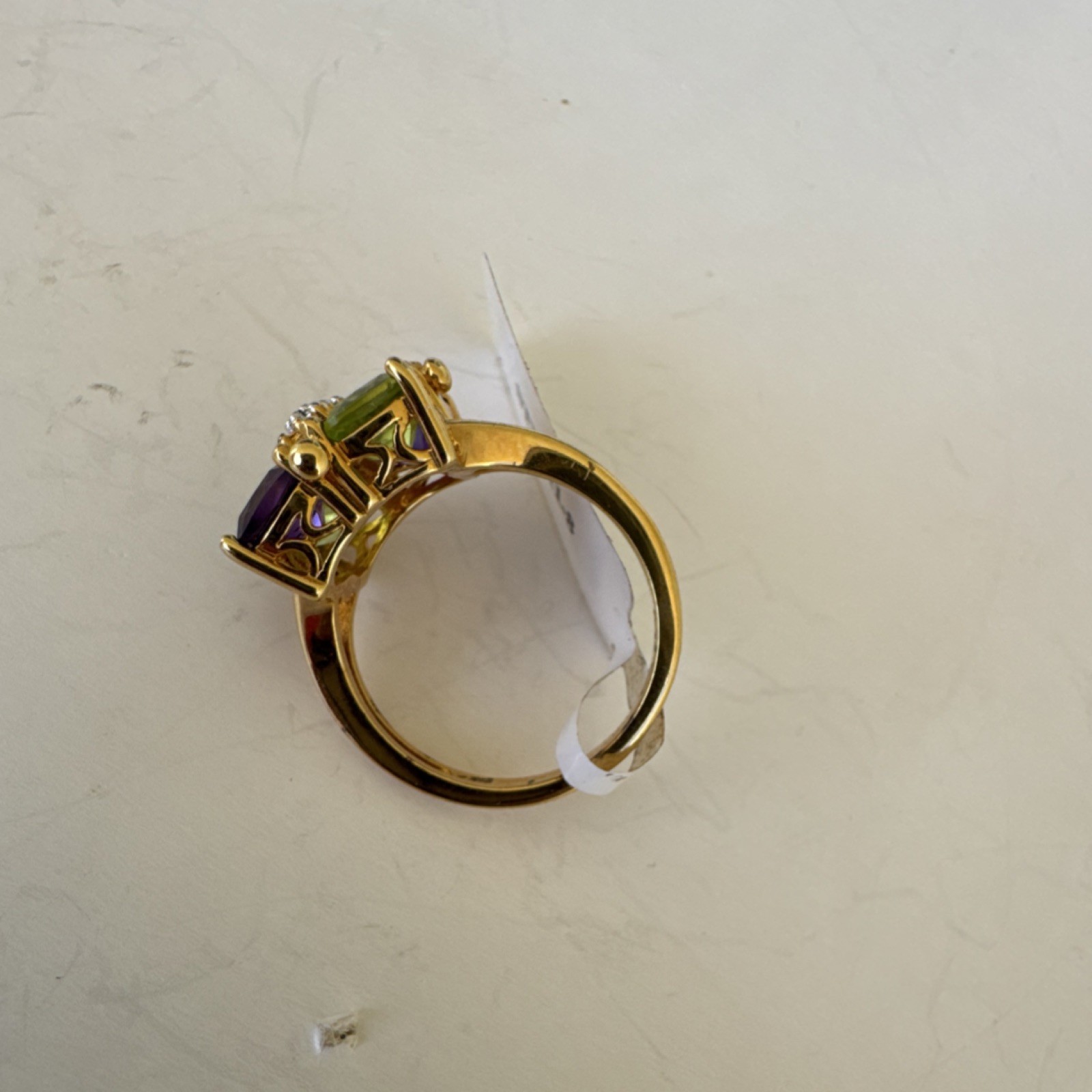 Gold Tone Metal Square Green & Purple Stone Cocktail Ring Prong Setting Size 7