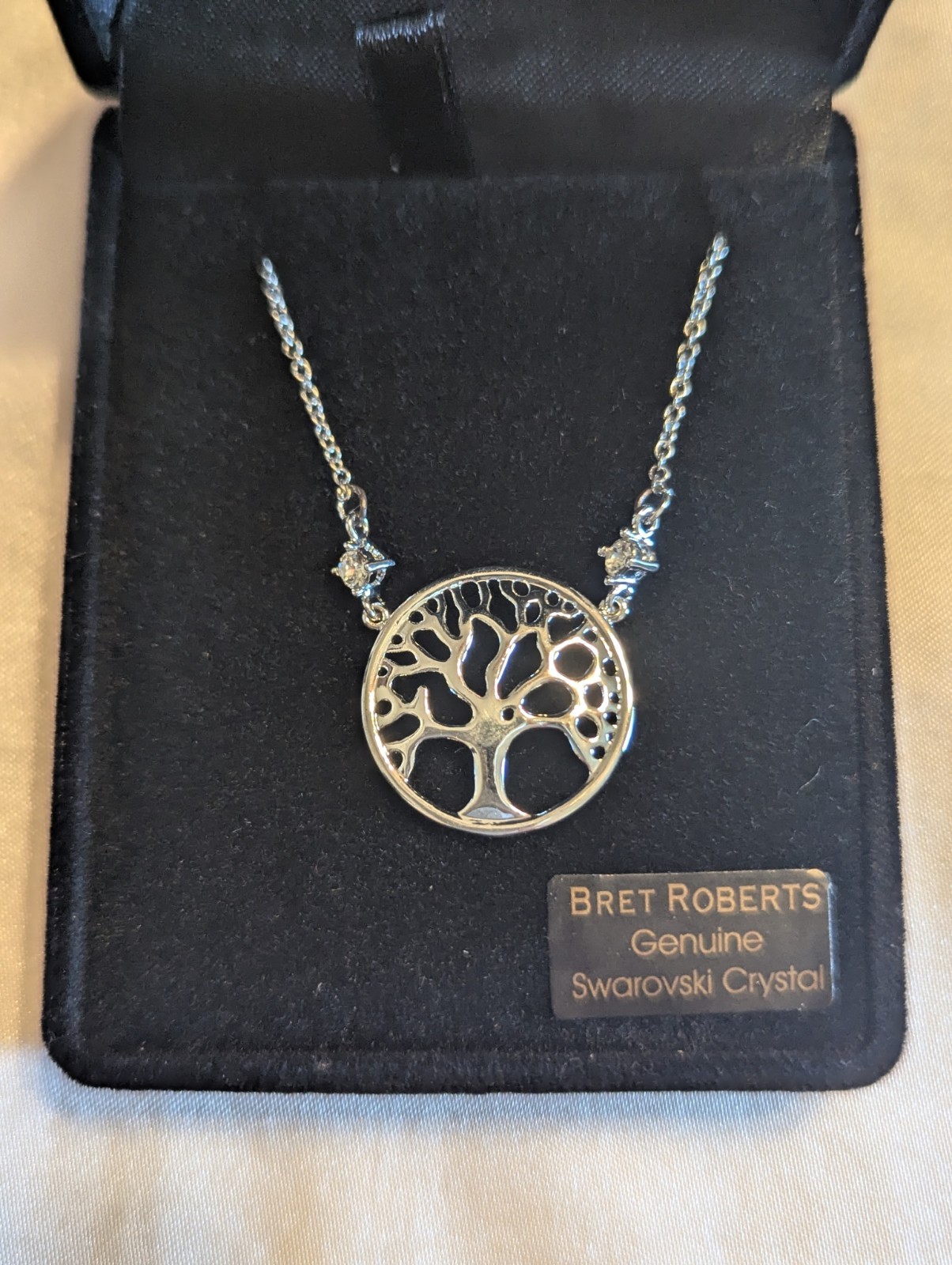 Bret Roberts Tree of Life Pendant Necklace Genuine Swarovski Crystal Silver Tone