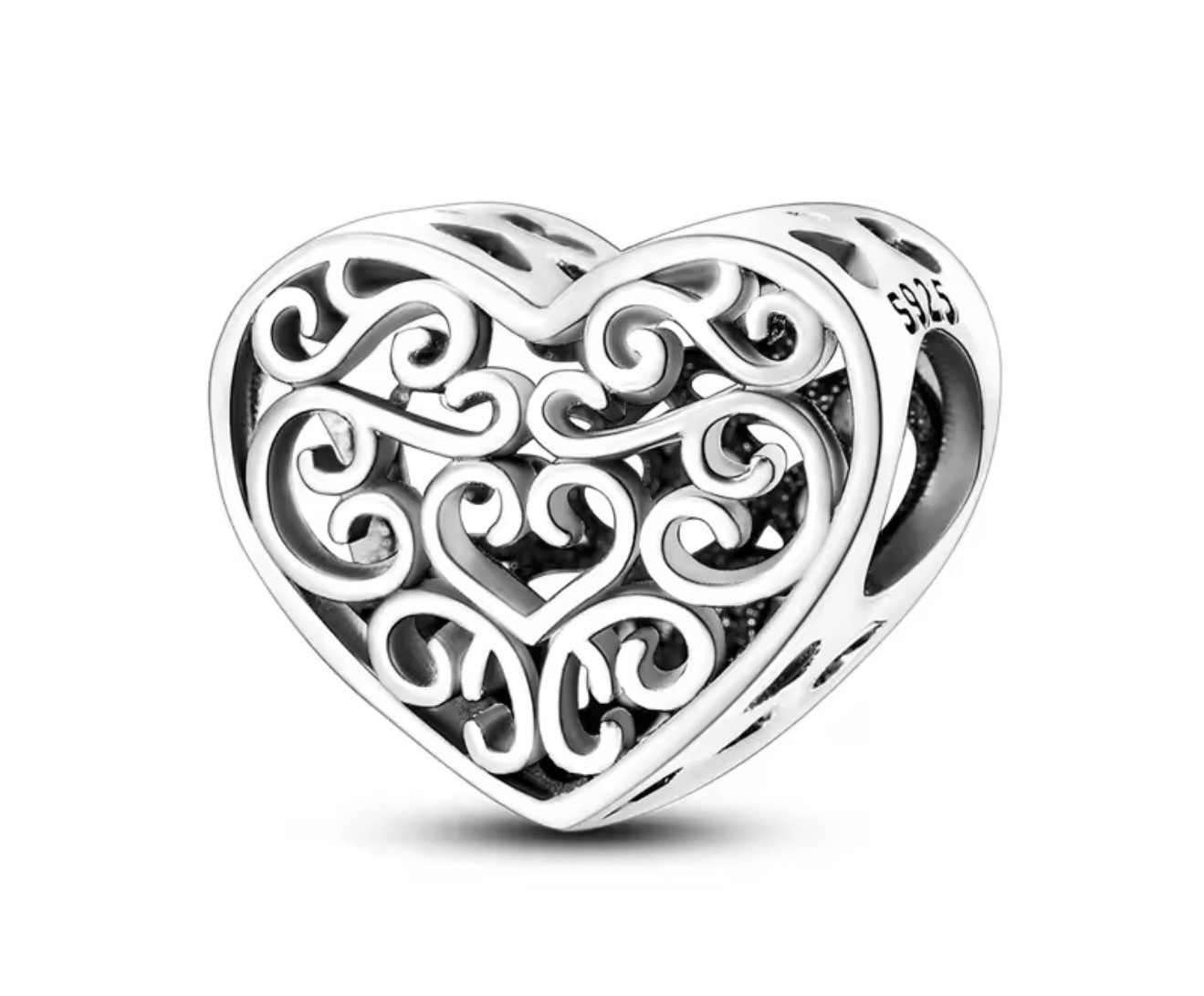 V630 S925 STERLING SILVER FILIGREE SCROLL HEART BEAD CHARM