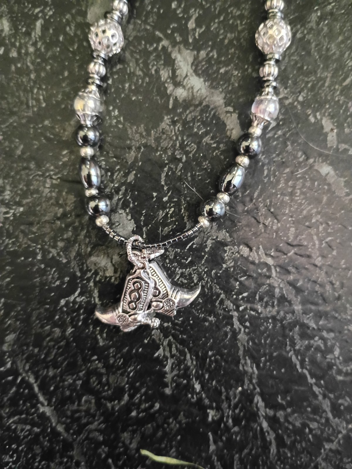 Handmade Black Silver Beaded Ball Chain Necklace w/ Cowboy Boot Charm Pendant