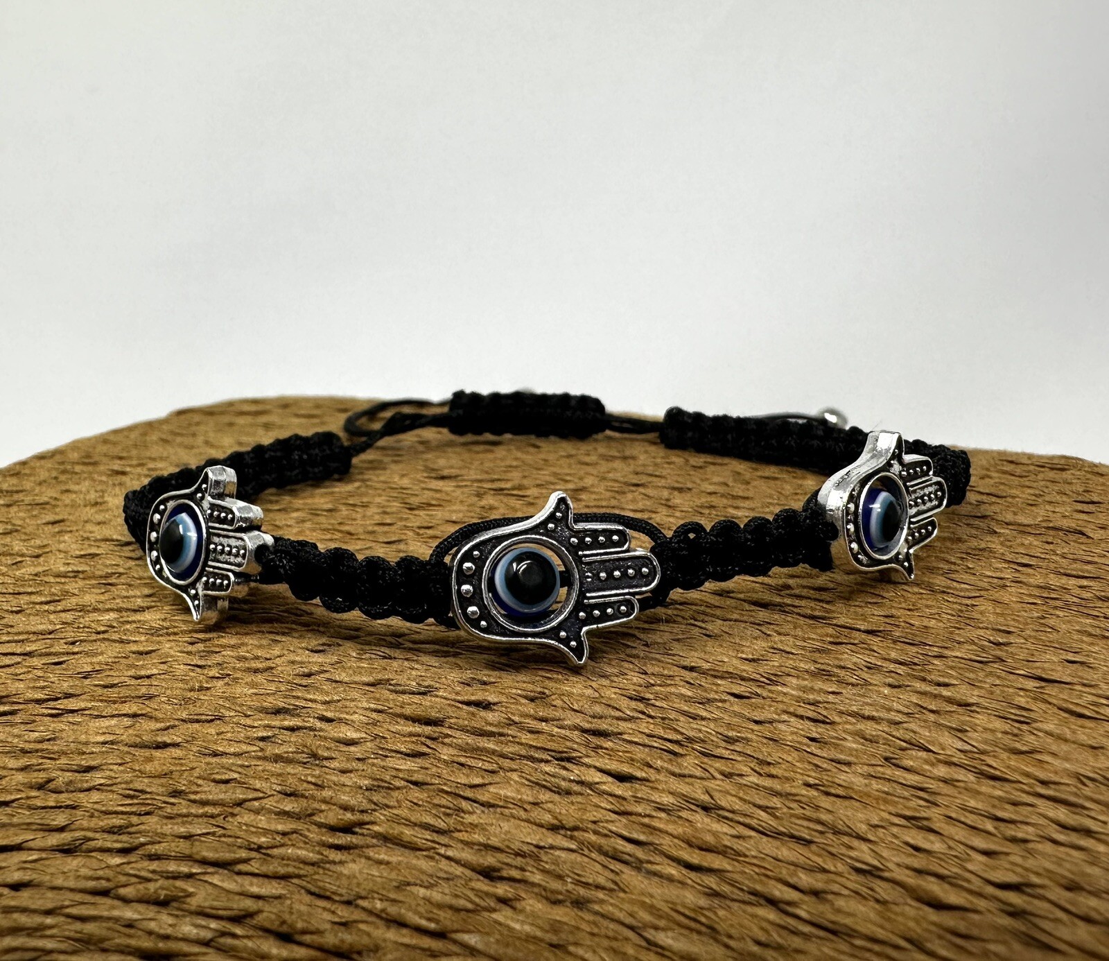 Adjustable Unisex Hamsa Hand Bracelet with Protection Eye Black Macrame Cord