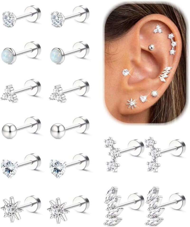 Hypoallergenic Flat Back Earrings 14K Gold Plated Cartilage Earring Stacks Surgi