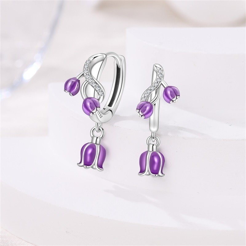 PANDACH 925 Sterling Silver Purple Lily of the Valley Vine Drop Hoop Earrings