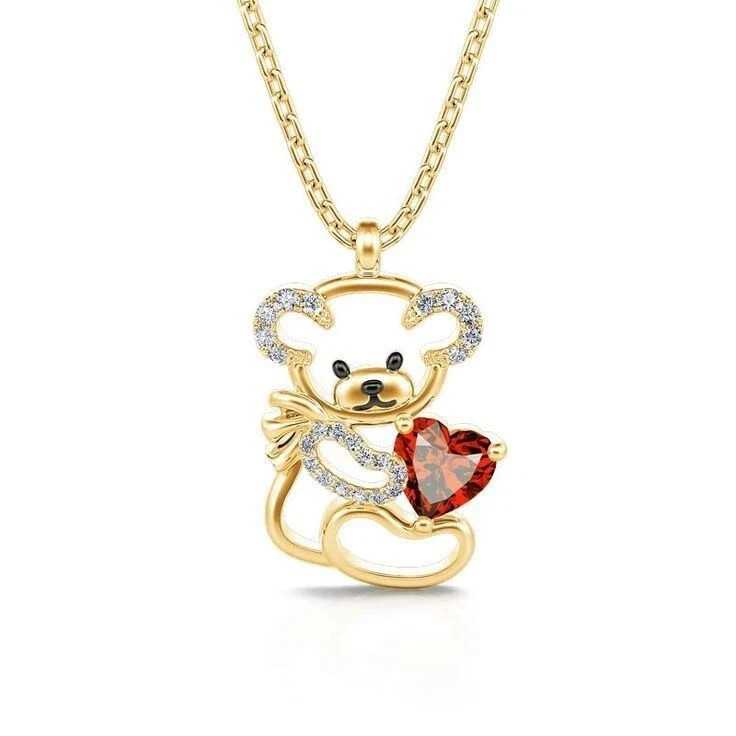 2Ct Heart Simulated Red Ruby Teddy Bear Pendant Necklace 14K Yellow Gold Plated