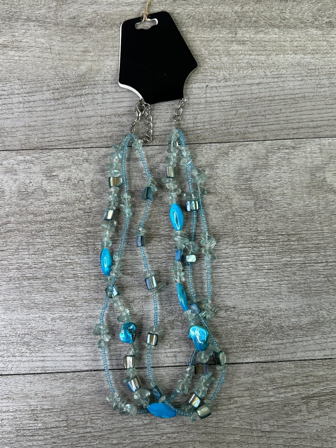 Multi-Strand Bib Necklace 18-20″ Adjustable Blue Turquoise Glass Shell Beads