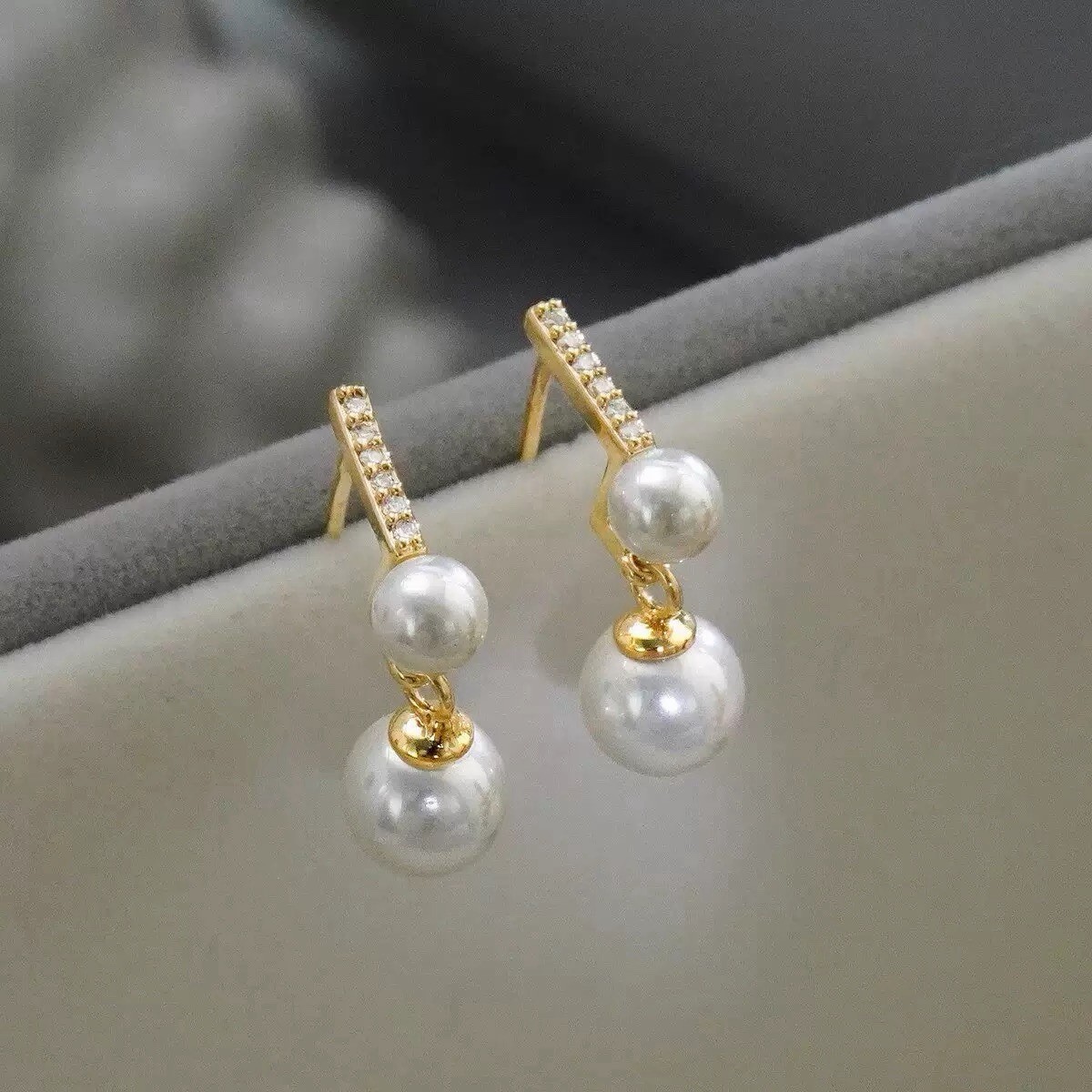18K Gold Plated Double Pearl Drop Stud Earrings Dainty CZ Bar Pearl Earrings B23