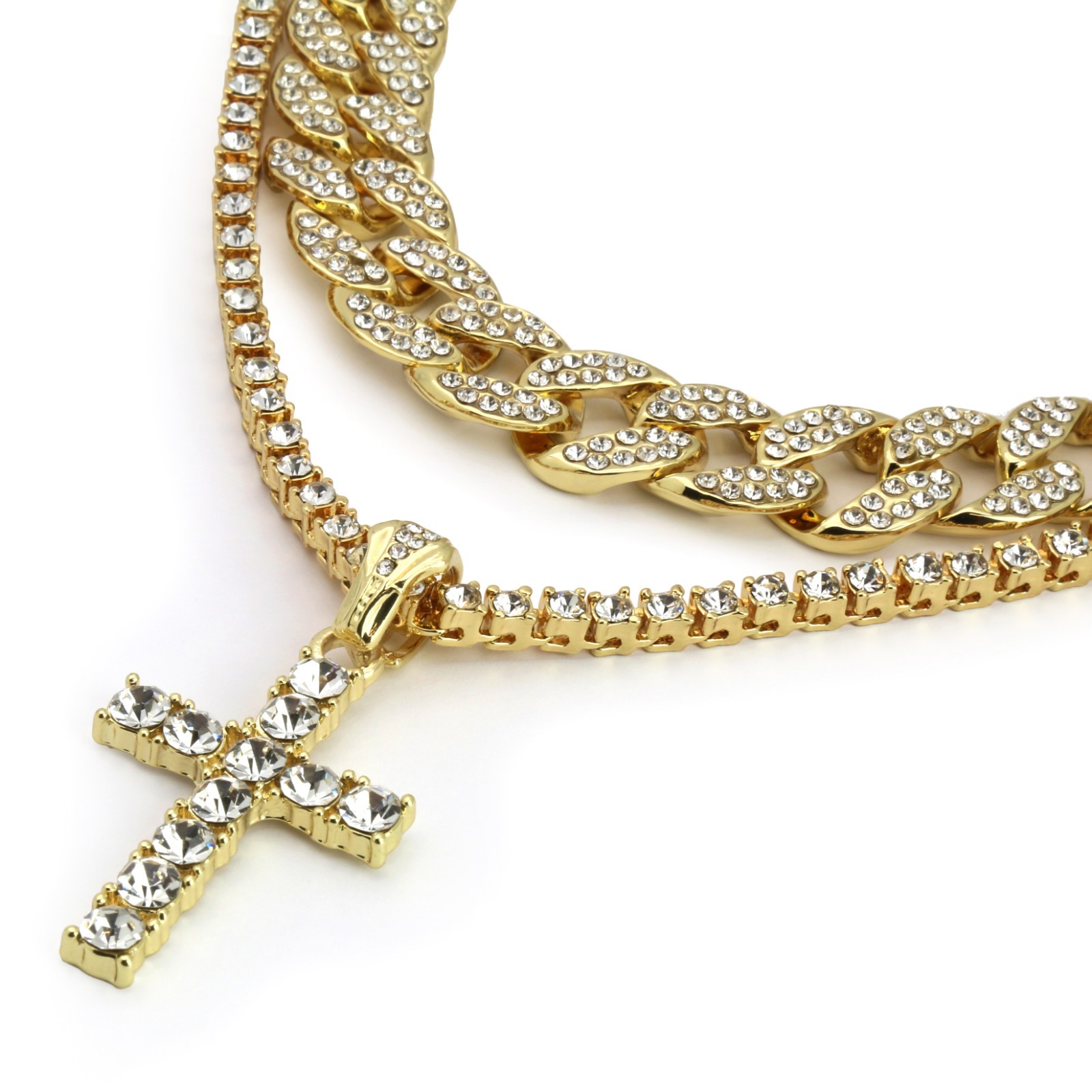 Mens 14k Gold Plated Cross 18″ Cubic-Zirconia Cuban & 24″ Tennis Chain Bad Bunny