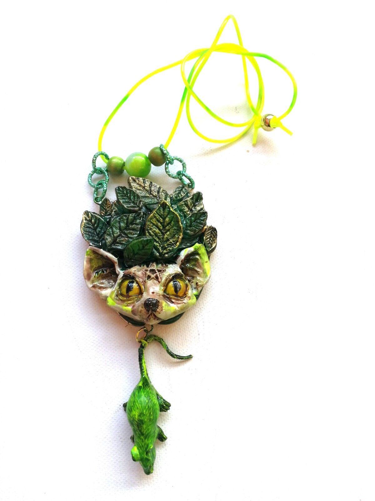 Green Witch Wicca Talisman Celtic Amulet Pendant Charm Forest Leaf Cat Nature