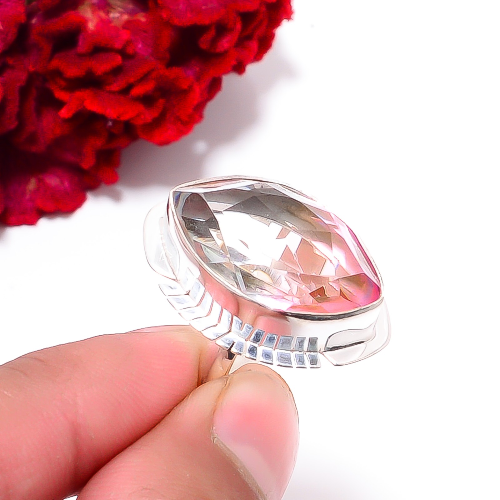 Pink Bi-Colour Tourmaline Gemstone 925 Sterling Silver Ring S.7 R98159