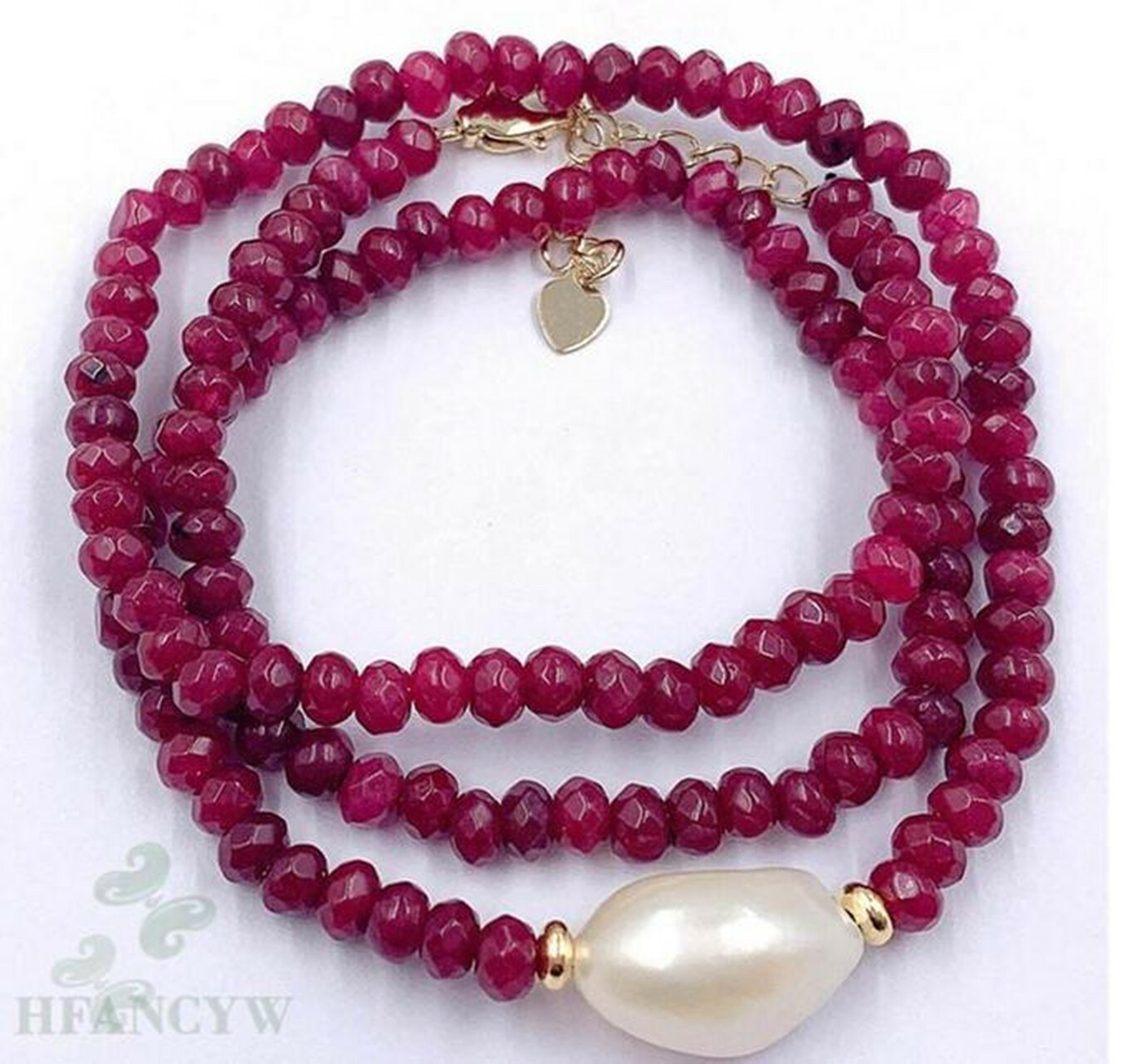 Natural 2x4mm Red Jade Gemstone Beads & 7-8mm White Pearl Necklace 18″