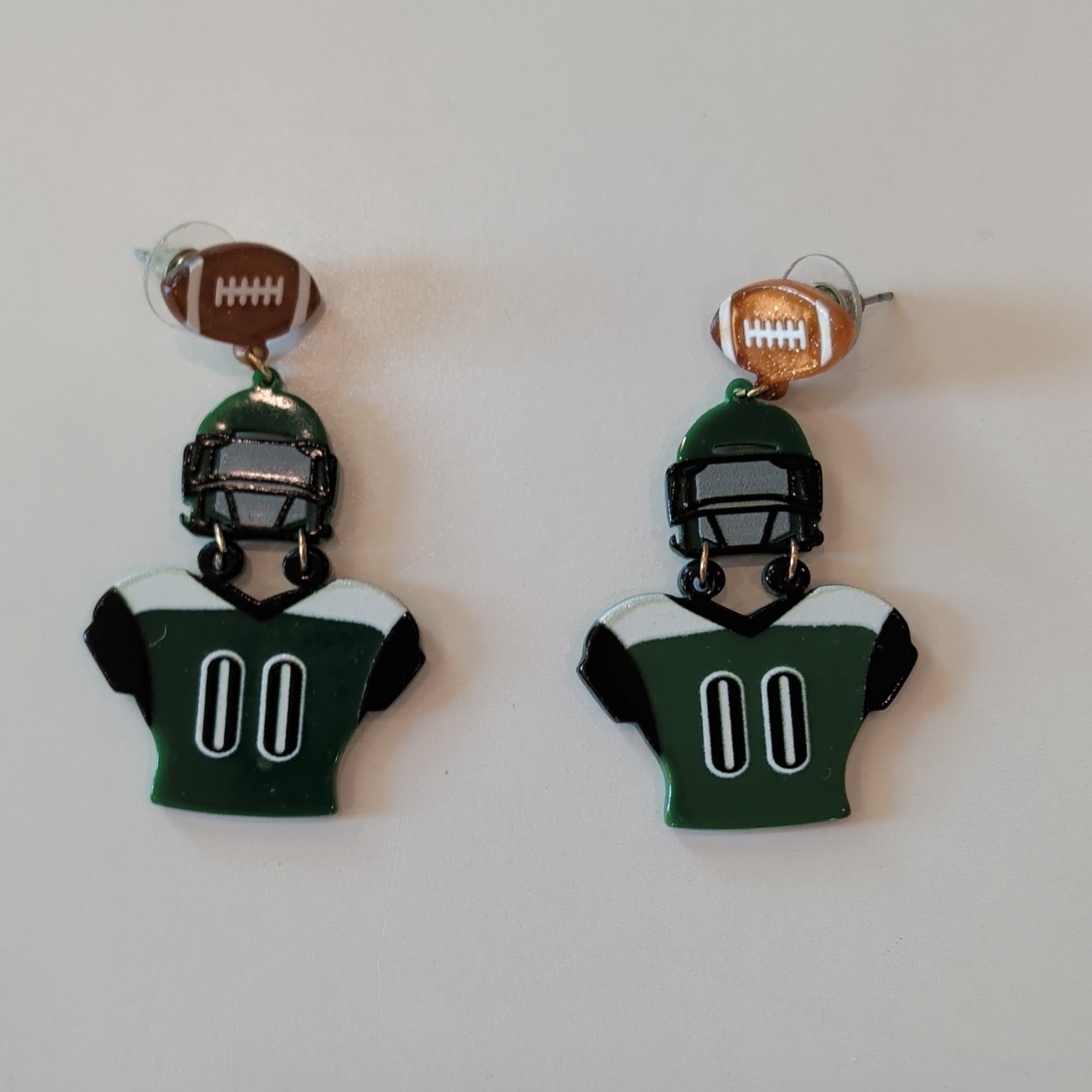 Green & Black Sports Football Helmet & Jersey Dangle Drop Earrings, Post