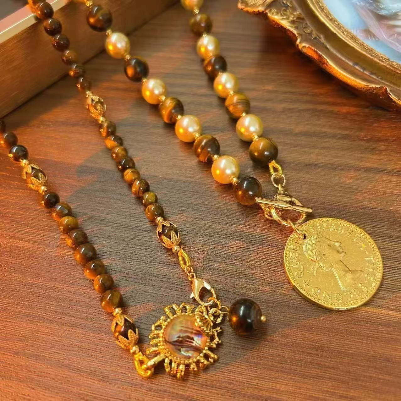 Tiger Eye Pearl Beaded Necklaces Stack Vintage Style Gold Coin Pendant Jewelry
