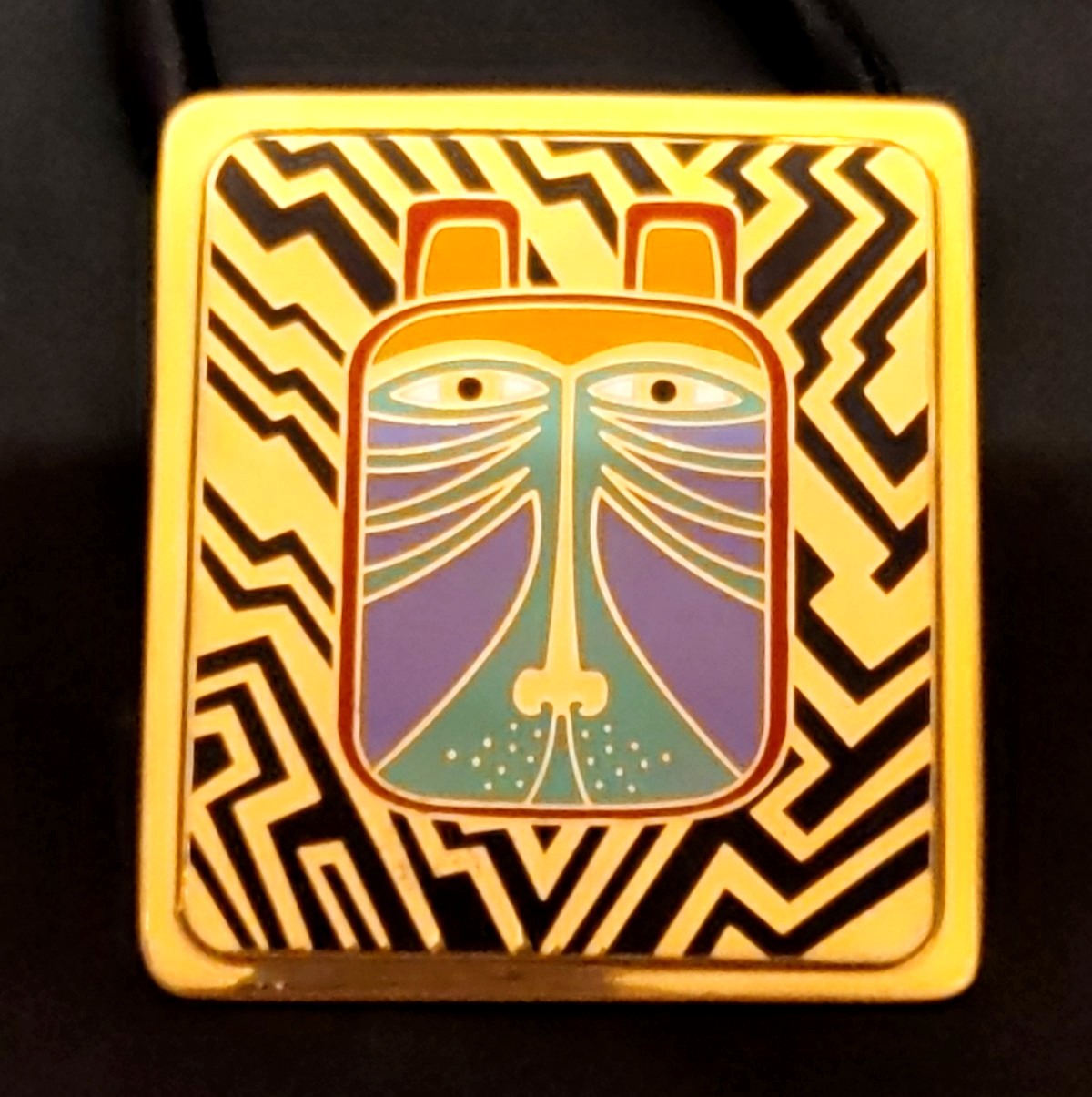 Laurel Burch Toshio Lion Cat Pendant Necklace Gold Enamel Cloisonné Signed
