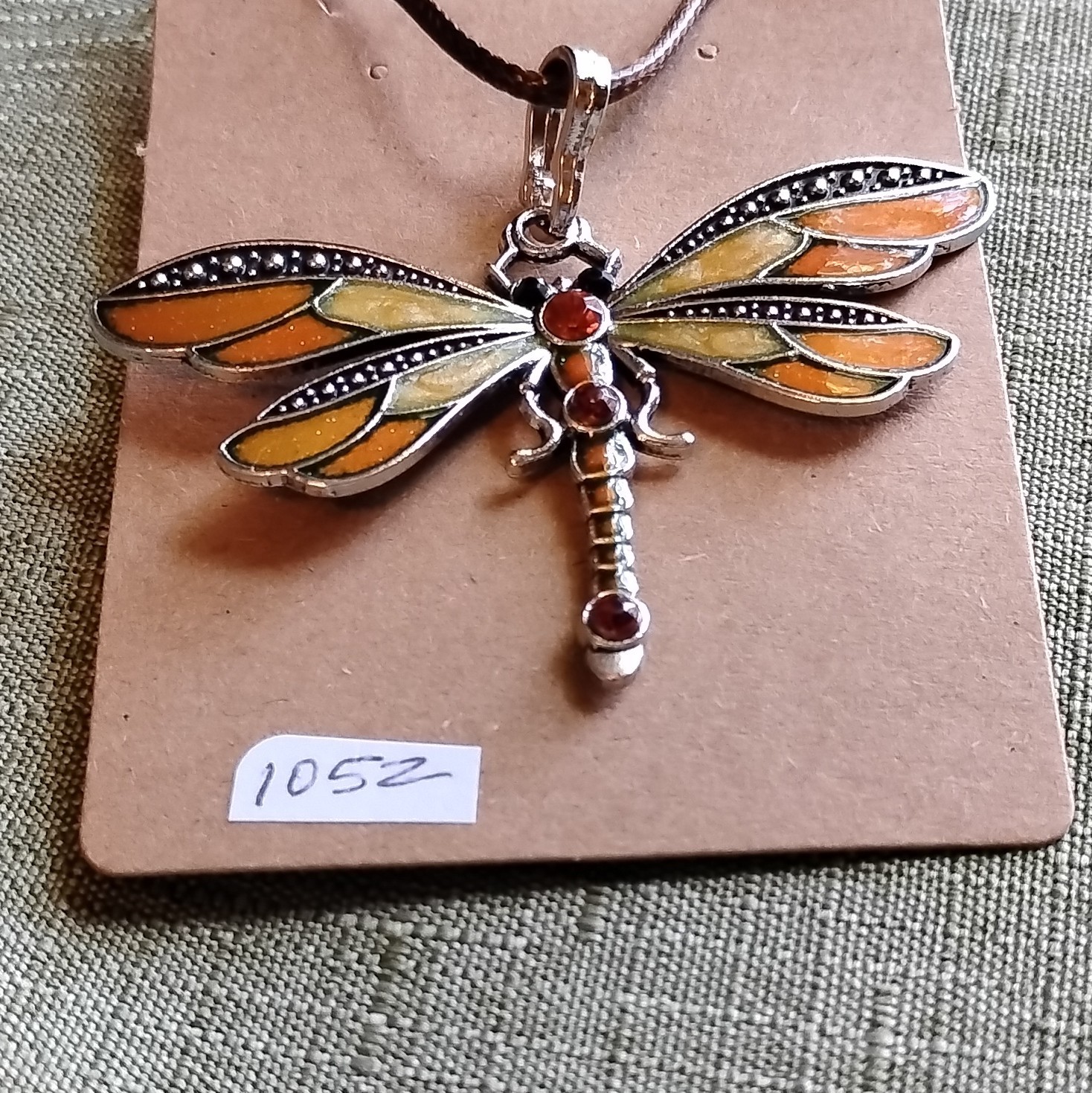 Dragonfly Charm Pendant Necklace Orange Yellow 3 Stone. Brown Cord.