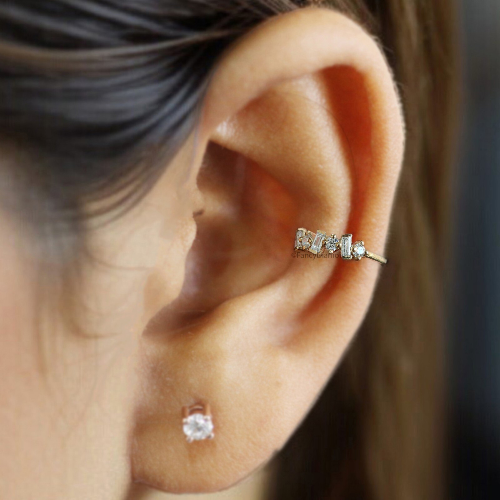 Dainty Baguette & Round Brilliant Cut Colorless Moissanite Diamond Ear Cuff
