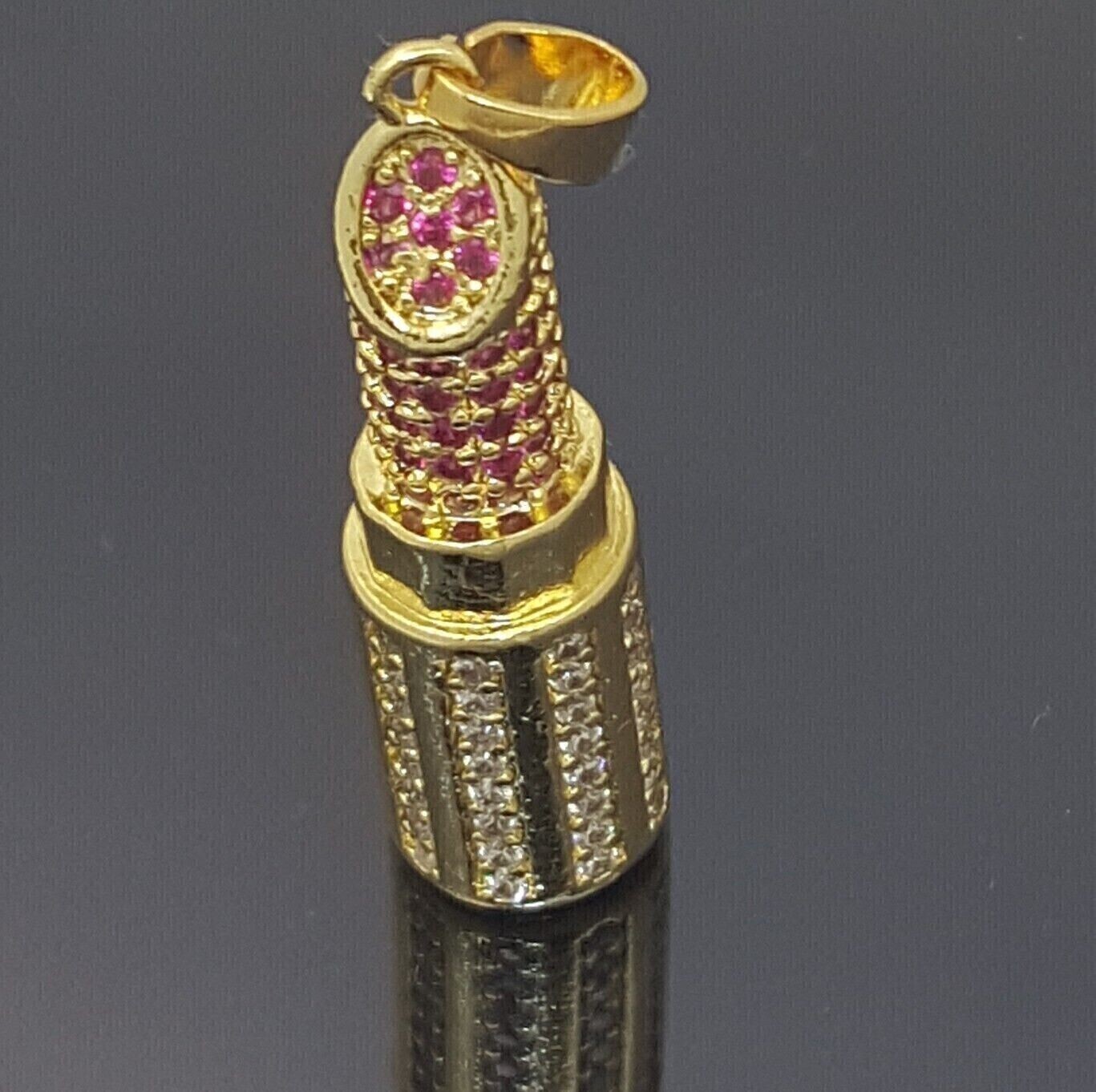 2ct Ruby & Diamond Simulated Lipsticks Pendant 18”chain 14k Yellow Gold Plated