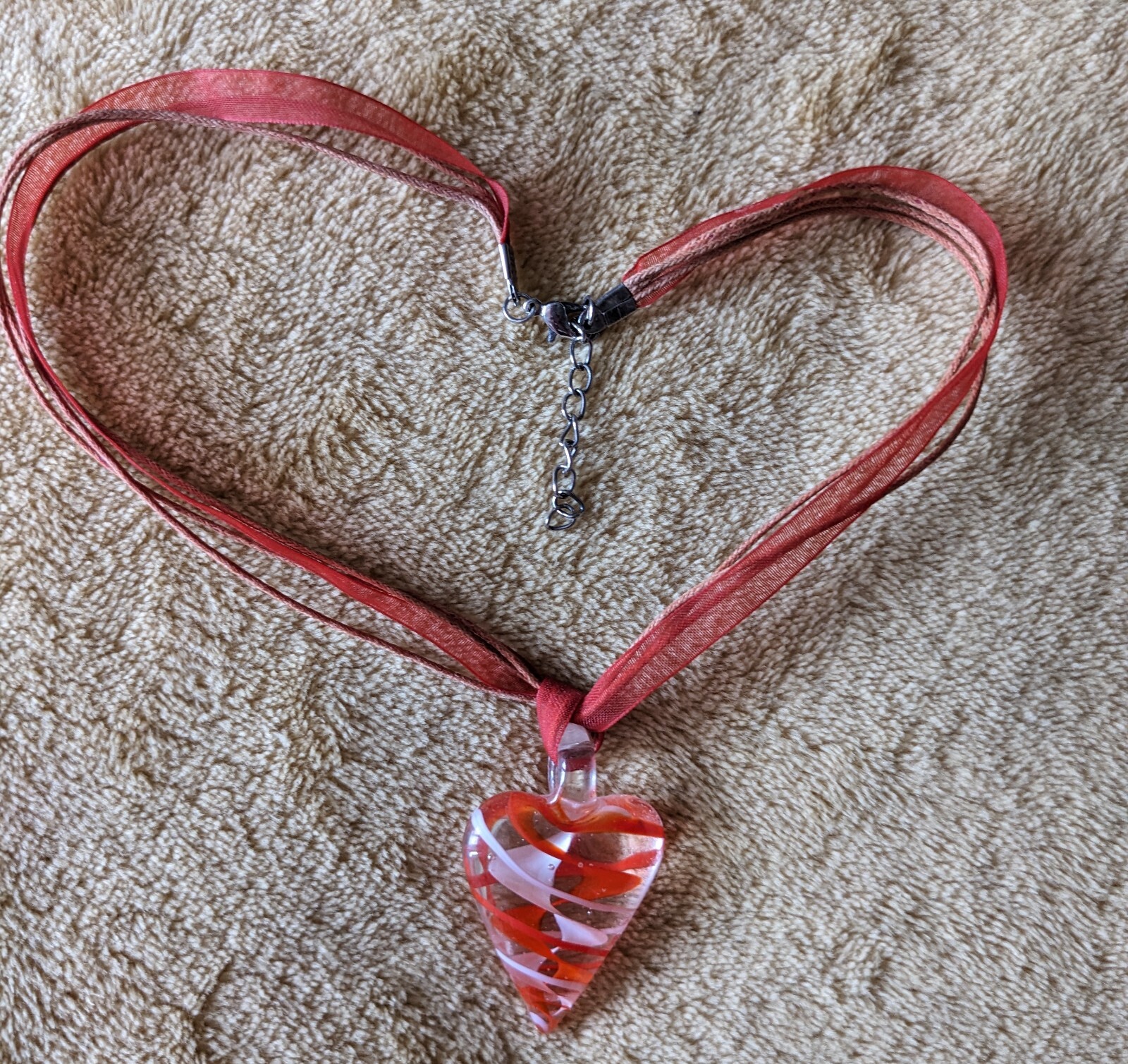 Necklace Pendant Red & White Clear Ribbon Red Cord Chain Rear Adjustable Clasp