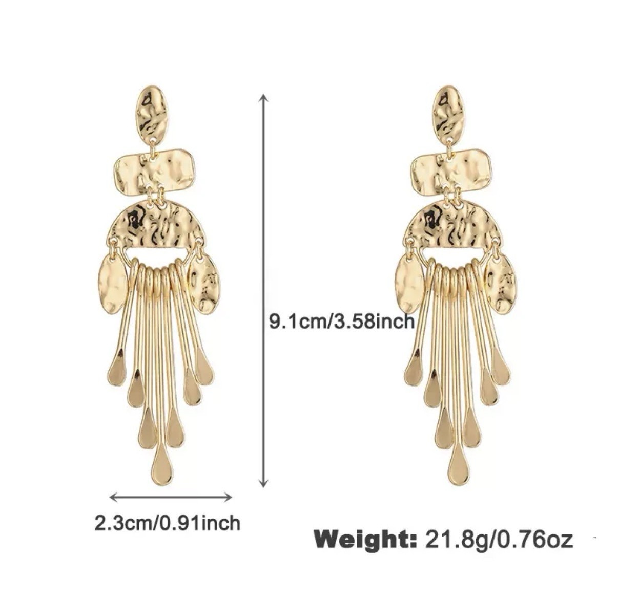 Gold Tone Hammered Dangle Drop Earrings Metal Butterfly Closure 9.1cm 2.3cm