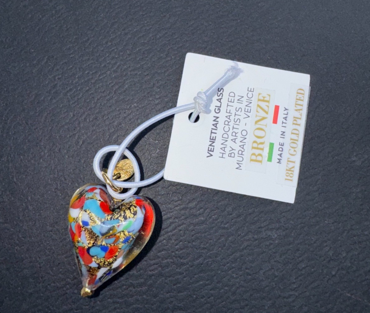 Murano Venice 18k Gold Pated Bronze Handcrafted Pendant Heart Multicolor New!