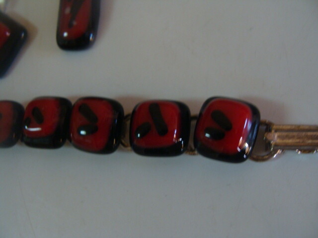 Acrylic Bracelet Pendant Earrings 4 Pcs Set Ruby Red Black Symbols Silver Tone