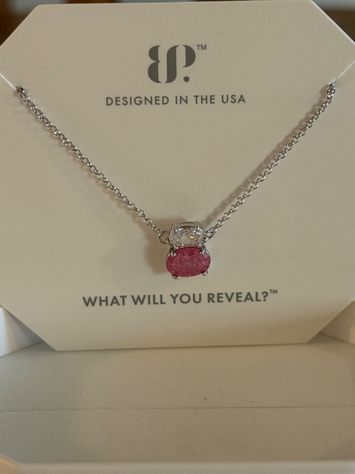 NIB Bomb Party Necklace 18″ RBP5508 This Is Me LC Pink Ice Crystal Rhodium P
