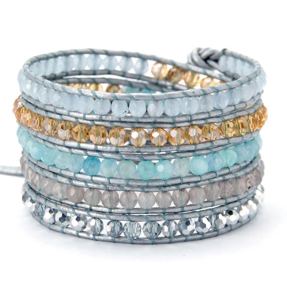 Aqua Blue Multi Strand Single Wrap Leather Bracelet 32.5 inches and 3 closures