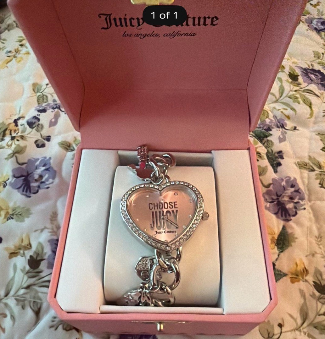 Juicy Couture Silver Tone Heart Dangle Charm Link Bracelet Pavé Crystal