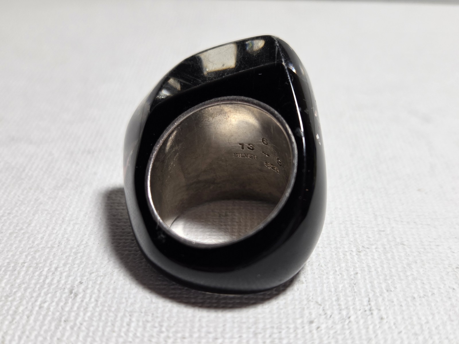 925 Silver Abstract Designer Black Resin Clear Crystal Cocktail Ring Size-6