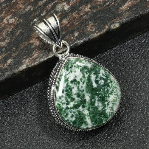 2″ Moss Agate Gemstone Handmade Antique Silver Plated Pendant