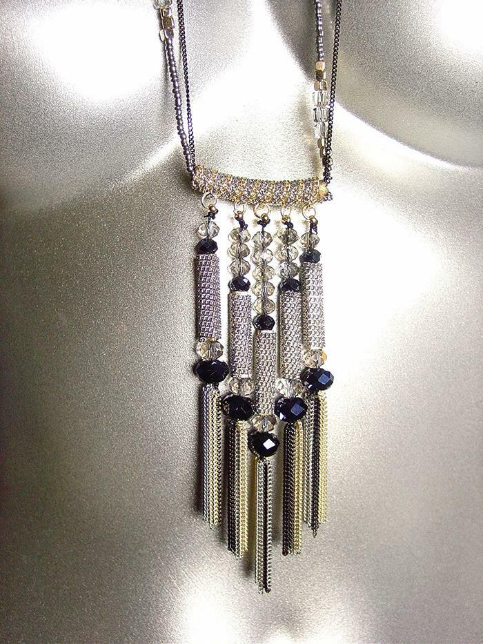 NEW ARTISANAL Smoky Crystals Metal Beads Chain Tassels Pendant 32″ Long Necklace