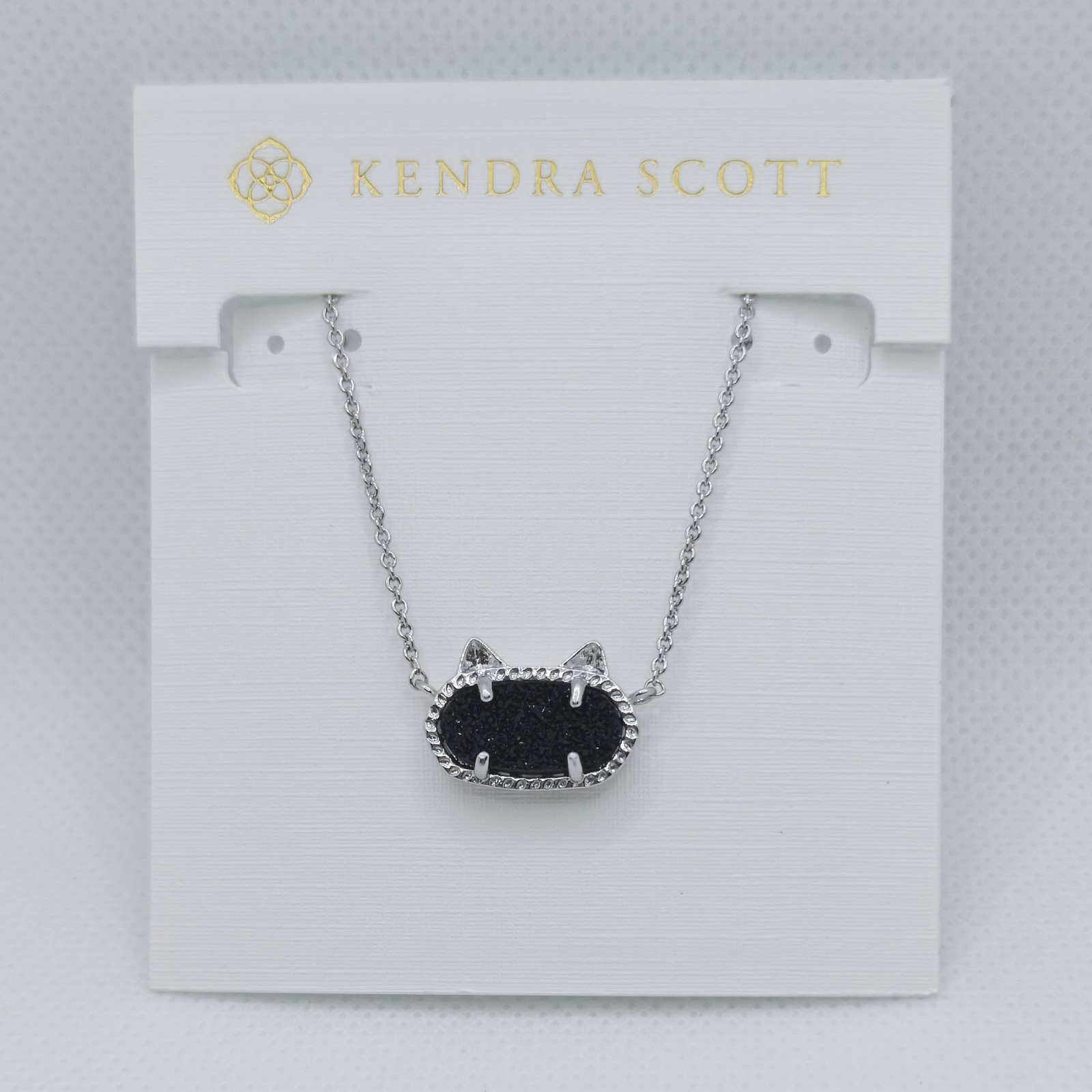 New Kendra Scott Elisa Silver Cat Kitty Pendant Necklace In Black Drusy