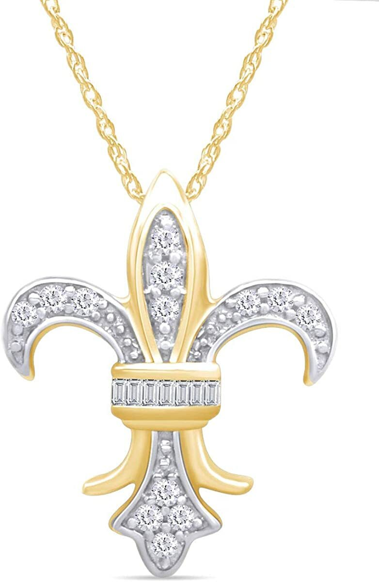 Fleur-de-Lis 1/4 Ct Simulated Diamond Pendant Necklace 14K Yellow Gold Plated