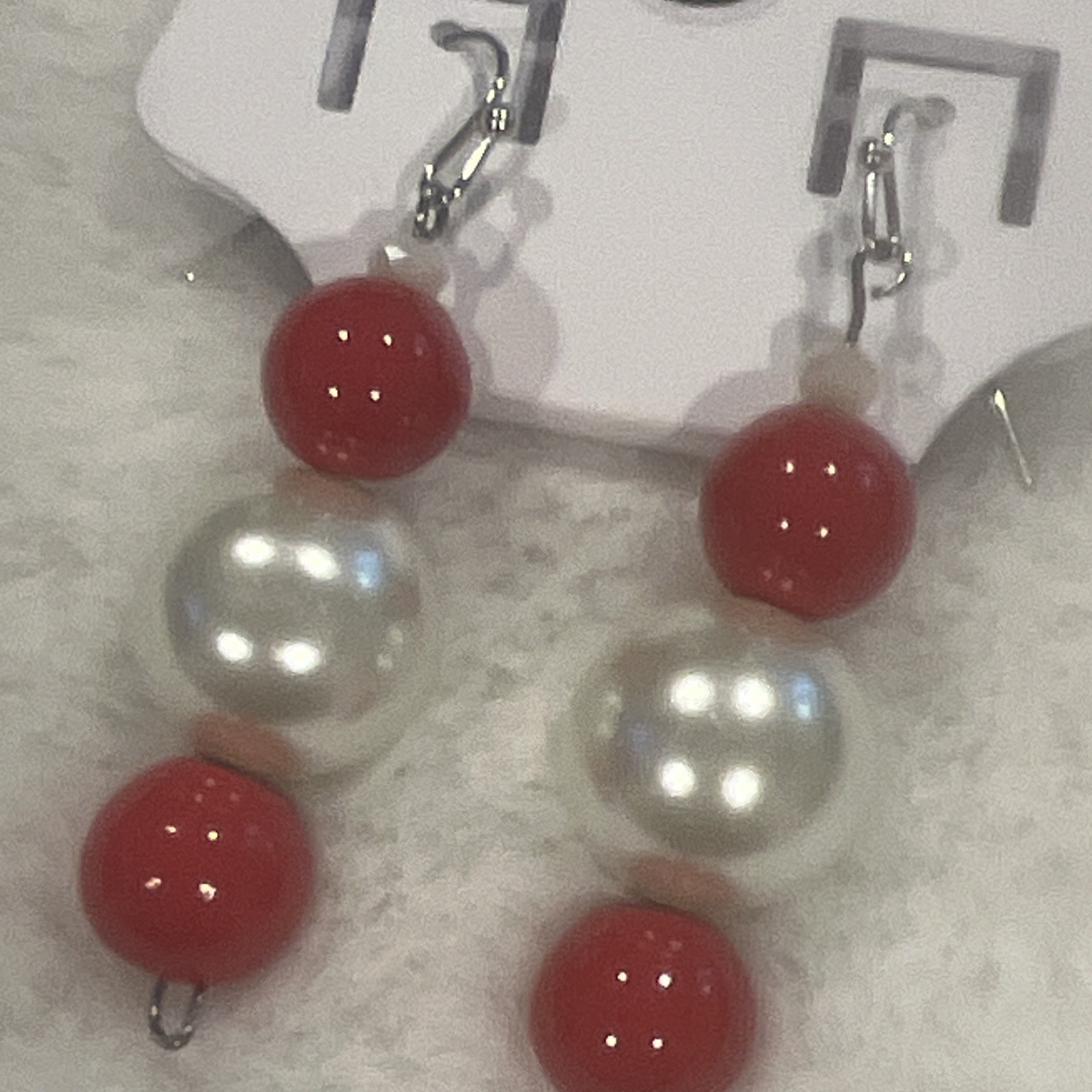 Red White Round Beaded Hook Dangle/Drop Earrings Simulated Pearl for Lobe