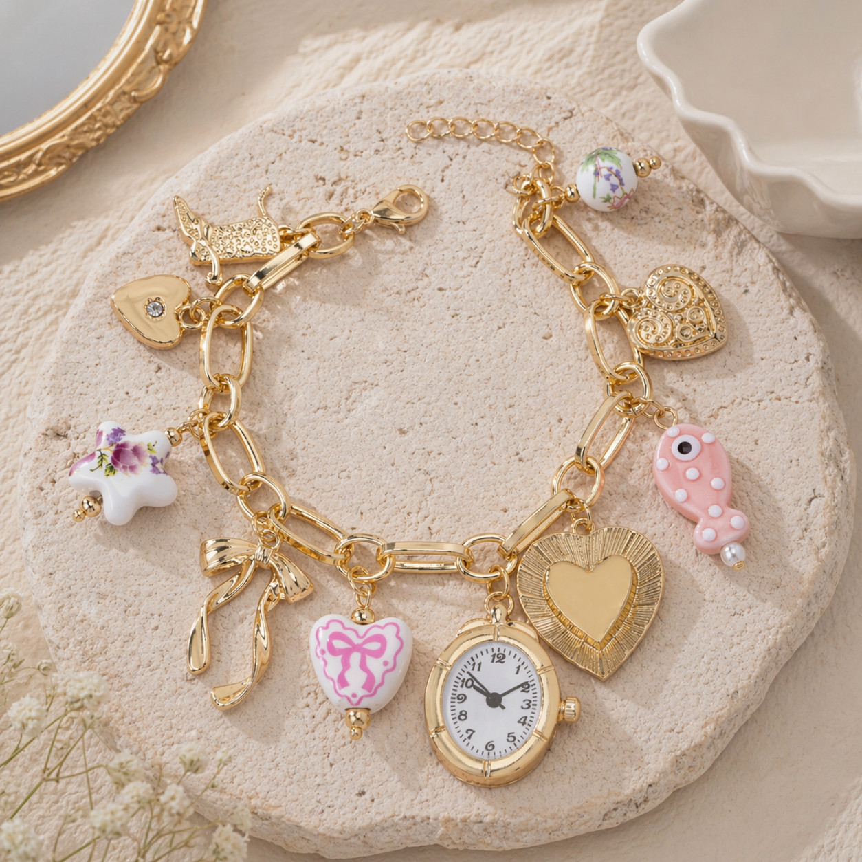 Pink Ceramic Gold Charm Necklace & Bracelet Set, Faux Watch Y2K Coquette Set