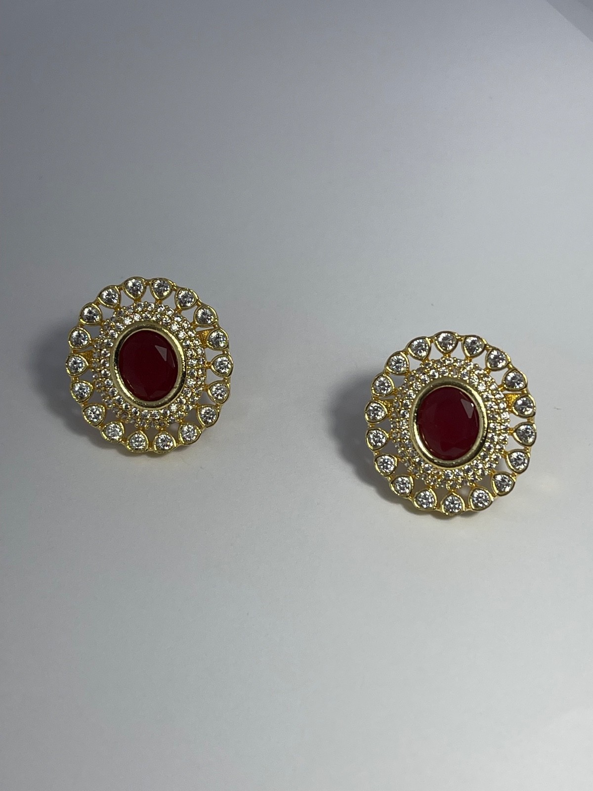 Oval Red Stone (24k) GP Stud Earrings w/ Halo (13.3 grams)