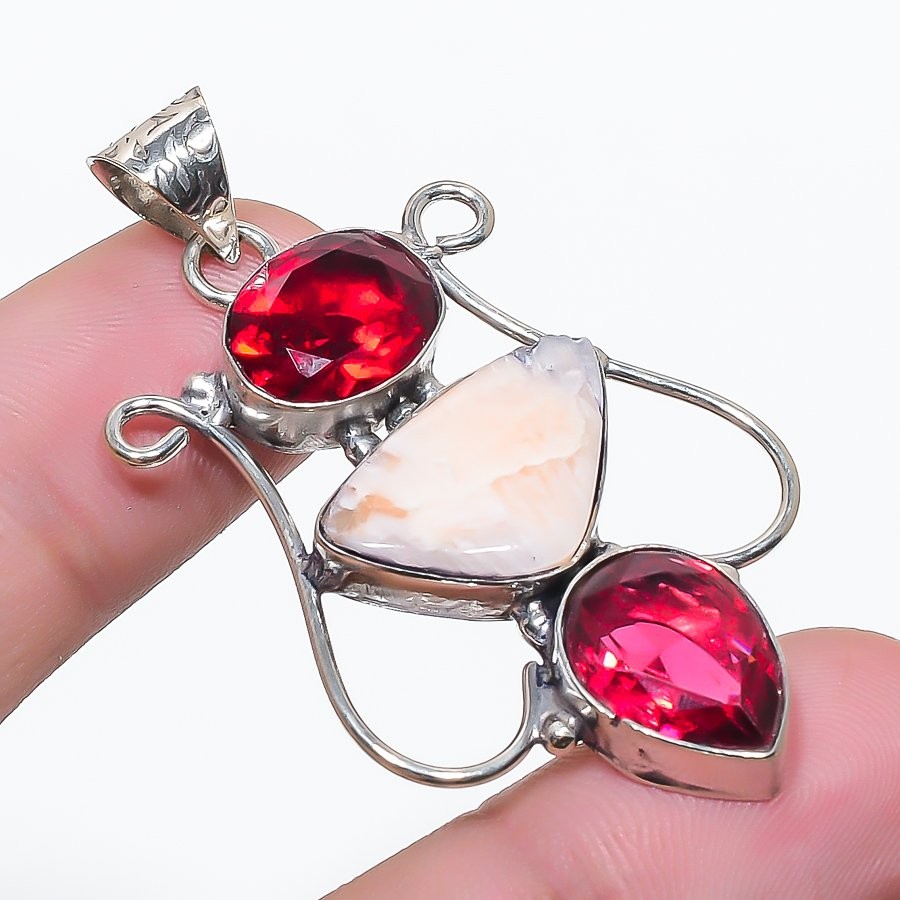 Orange Scolecite Pink Tourmaline Gemstone Jewelry Handmade Pendant 1.9″ SR 3469