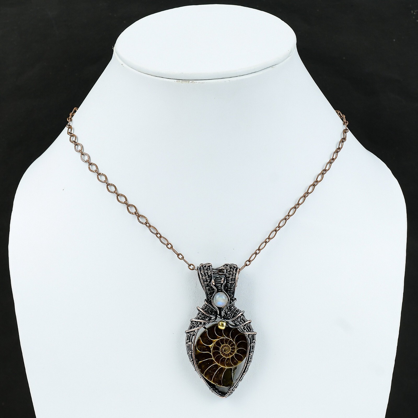Ammonite Fossil Wire Wrapped Pendant Handcrafted Copper Gift 2.64″