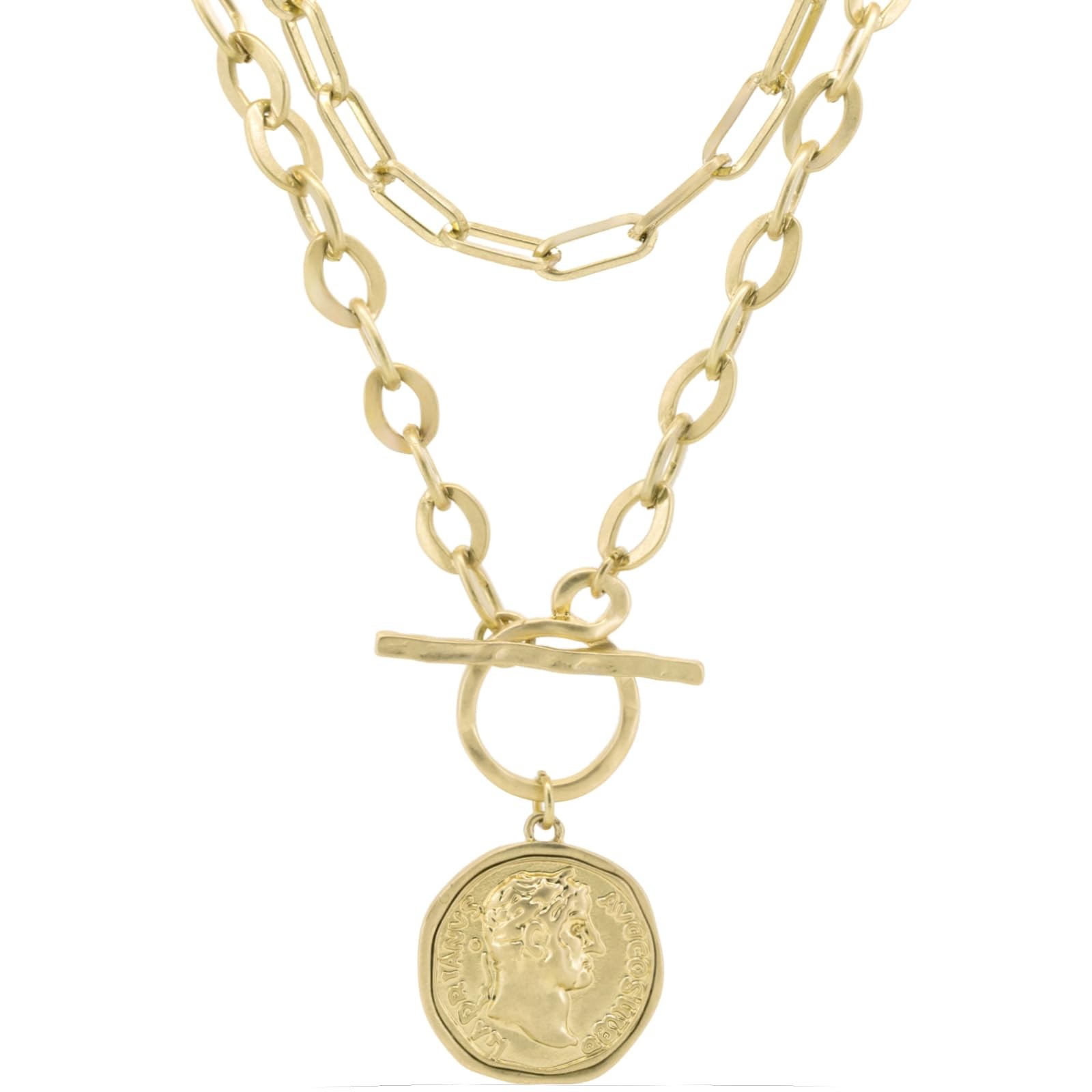 Husykam Chunky Roman Coin Antique Gold Plated Thick Link Chain 2Pcs Layered Set