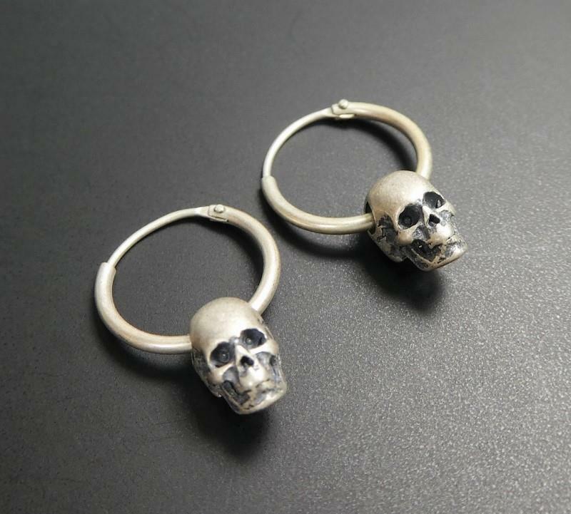 Tiny Small Matte 925 Sterling Silver Skull on Hoop Pierced Earrings Lightweight