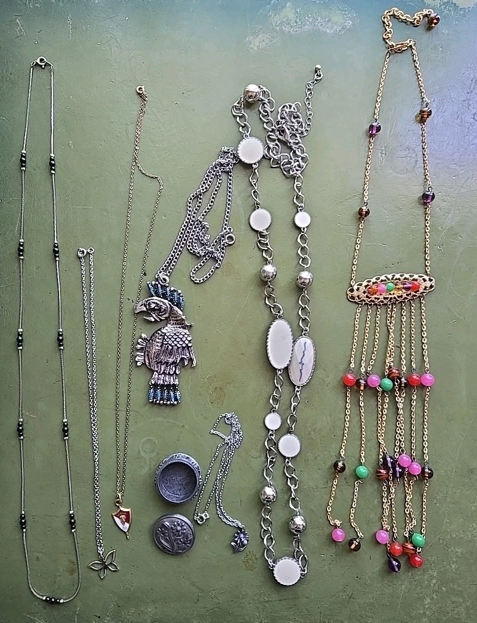 Lot of 10 Piece Jewelry Pendant & Chain Necklace Brooch Beads Silver Gold Tone