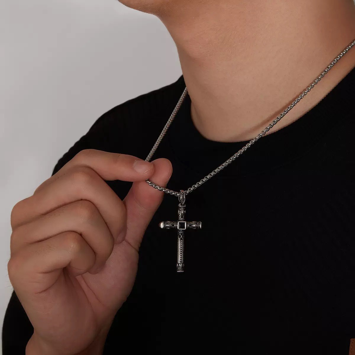 23″ Retro Vintage Cross Pendant Necklace Stainless Steel with Black Onyx Zircon