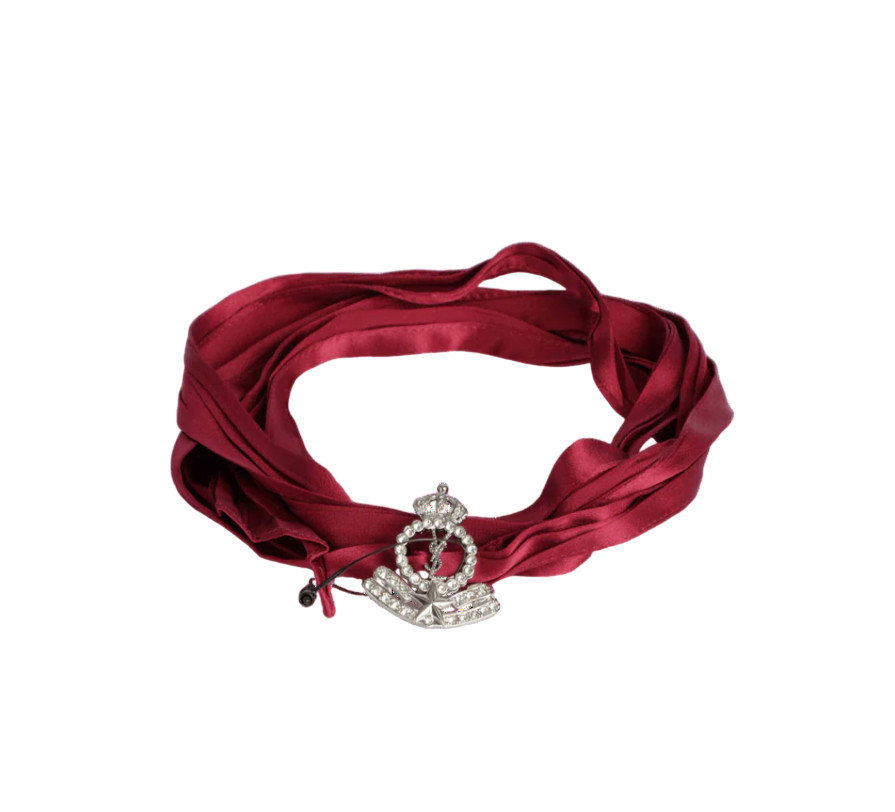 SAINT LAURENT CROWN STAR Interlocking YSL Charm on Silk WRAP CHOKER Necklace