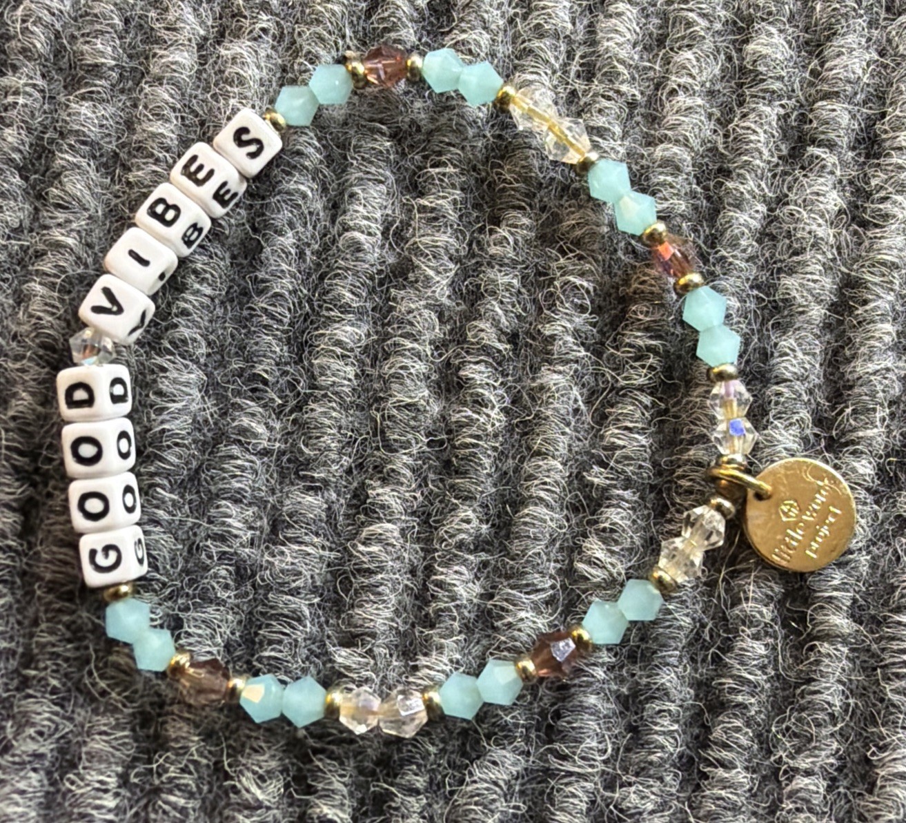 Disney Little Words Project “Good Vibes” Beaded Bracelet Aqua Crystal Charm