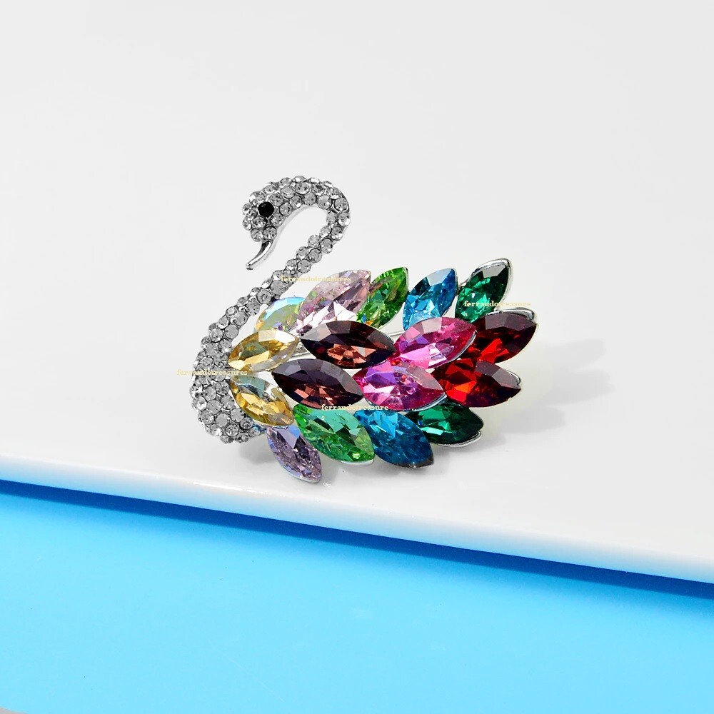 Swan Rainbow Multi Colored Crystal Rhinestone Brooch Pin with Gold Bag – VIDEO