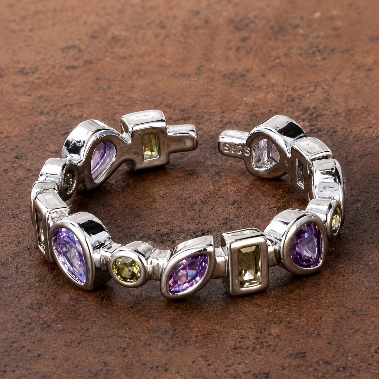 Silver Tone Eternity Band Ring Purple & Green Gemstones Adjustable Stackable
